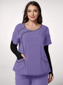 TaskEZ Top de uniforme de contraste con rayas, cuello redondo y manga corta - Morado - Ver 1