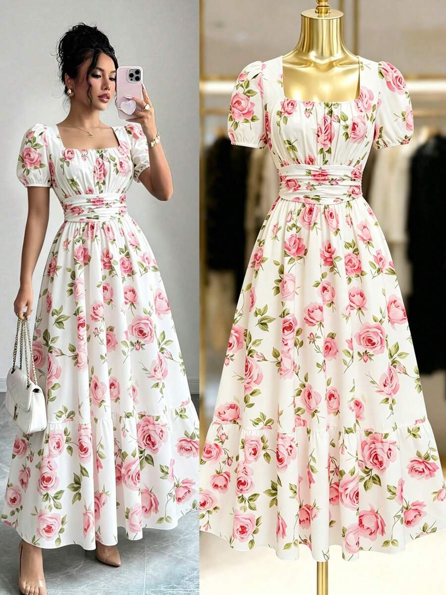 Elenzga Women's Fashionable Elegant Square Neck Waist Cinched All-Over Print Dress - Multicolor - View 1