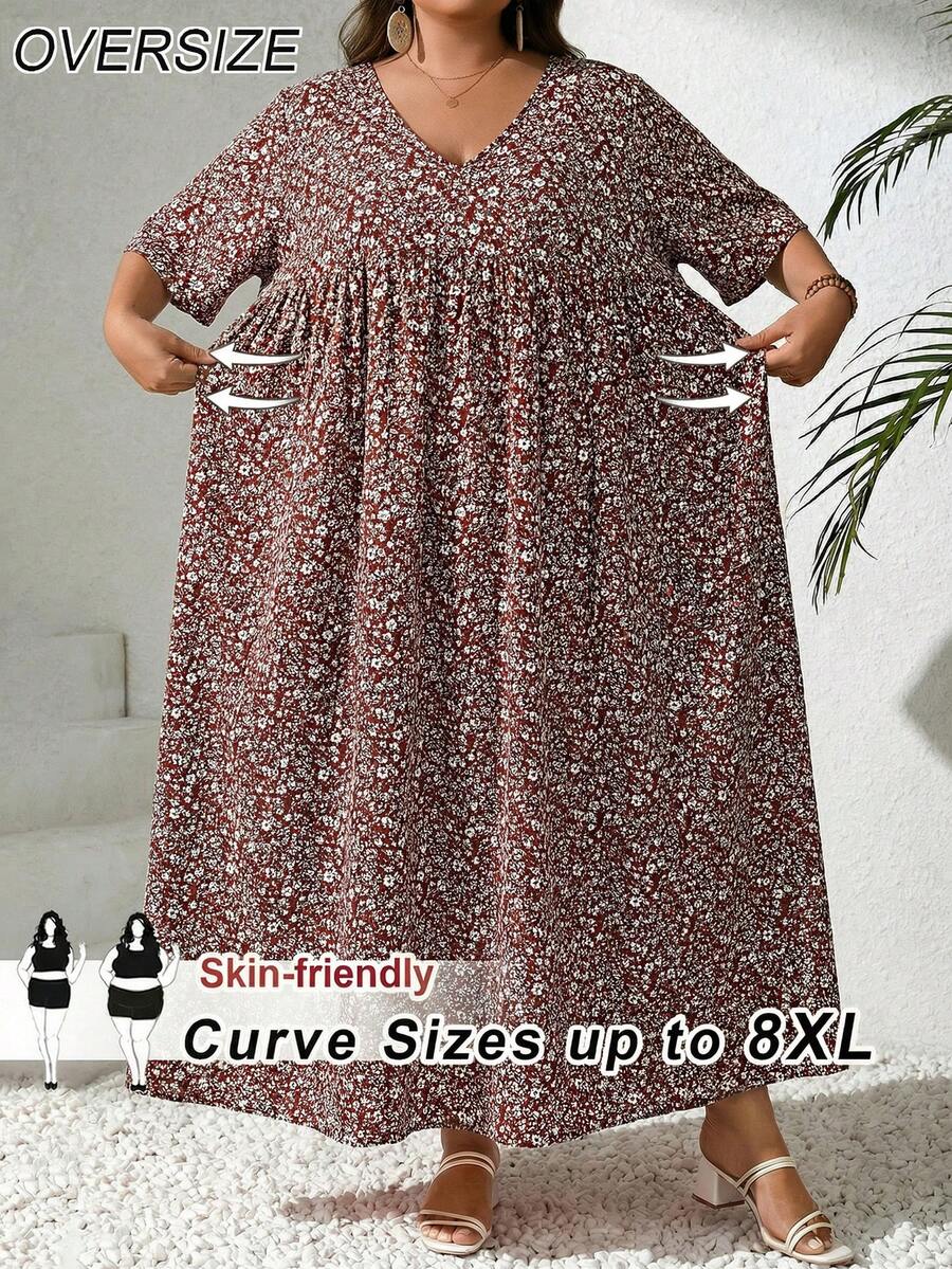 SHEIN CURVE+ 大码女式度假宽松碎花V领短袖娃娃裙教师连衣裙，阿拉伯风情连衣裙，阿拉伯服饰，波西米亚风度假夏季/乡村/海滩度假套装/海滩套装/沙滩装