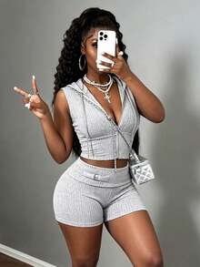 BamGleam Spring/Summer New Ribbed Knit Hoodie Set, Slim Fit Zip-Up Cardigan And Casual Shorts 2 Pieces Outfit - Grey - View 1