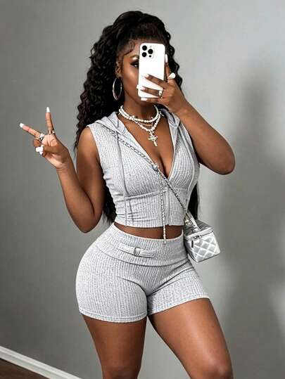 BamGleam Spring/Summer New Ribbed Knit Hoodie Set, Slim Fit Zip-Up Cardigan And Casual Shorts 2 Pieces Outfit