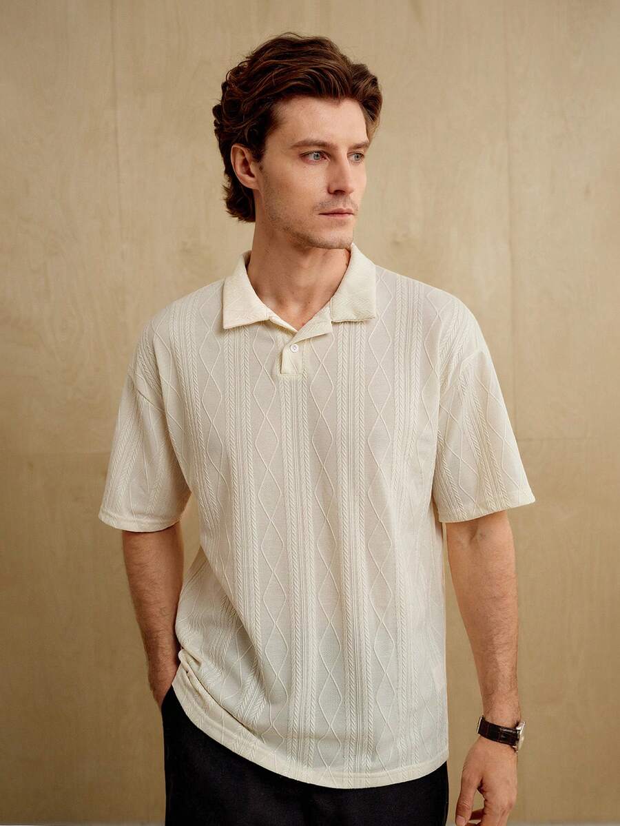 Manfinity Homme 男士夏季纯色短袖休闲通勤 Polo 衫,四分之一纽扣纯色工作 Polo 衫,适合丈夫、高尔夫 - 杏色 - 查看 1