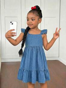Young Girl' New Fashion Casual Soft Cute Boho Back Bowknot Decor Blue Denim Sleeveless Loose Dress Spring Summer,,For Kids Girls Spring/Summer Dailywear Outfits, Girls Streetwear Outfits,Girls Beach Outfit,Vacation Outfits For Girls,Casual Clothes For Girls,Graphic Dress,Toddler Dress,4-Year-Old Girls Dress,Summer Dress,Casual Dress,Cherry Dress,Elegant Dresses For Party,Elegant Dresses For Girls - Light Wash - View 3