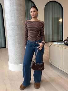 leahseptember 女士休闲条纹长袖短款T恤 - 咖啡棕 - 查看 1