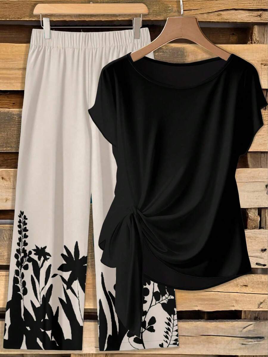 EMERY ROSE Bộ đồ 2 mảnh thanh lịch tối giản dành cho nữ cỡ lớn: Áo cổ tròn màu trơn, thắt eo xoắn và quần ống rộng in họa tiết thực vật. - Nhiều màu - Xem 1