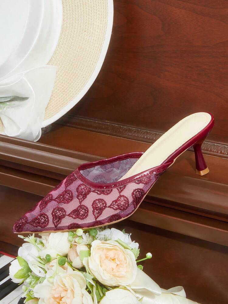 CUCCOO HITCHD Women's High Heels, Wedding Red Lace Shoes, Transparent Mesh Hollowed-Out Pattern Pointed High Heels, Elegant Fairy Back Strap, Wedding Dress/Toast Dress Versatile Banquet Women's Shoes