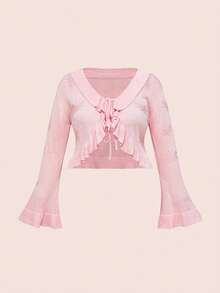 ROMWE Kawaii Plus Size Butterfly Pattern Flared Sleeve Ruffled Hem Cropped Knit Cardigan - Pink - View 1