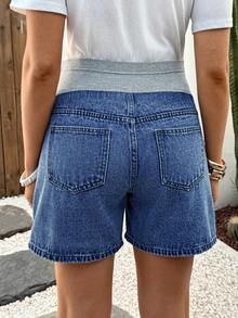 SHEIN Maternity Summer Casual Color Block Patchwork Denim Shorts - Dark Wash - View 2