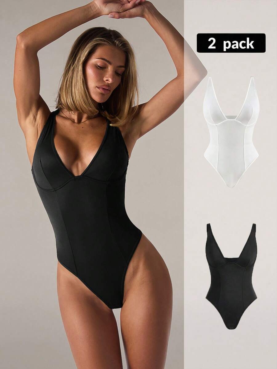 SHEIN BAE 2件套黑白简约舒适女士连体衣 - 彩色 - 查看 1