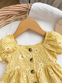 1-Piece Newborn Summer Cute Vacation Floral Pattern Bubble Short-Sleeve Square Neck Dress 1 Month Baby Girl Yellow Outfits For New Born Daisy Clothes - Yellow - View 2
