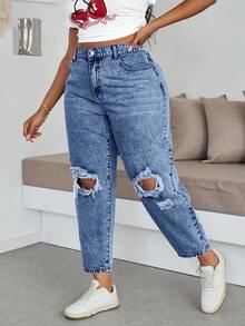 Dripcurv Plus Size Women Pocket Button Distressed Casual Versatile Daily Wear Denim Jeans - Light Wash - View 4