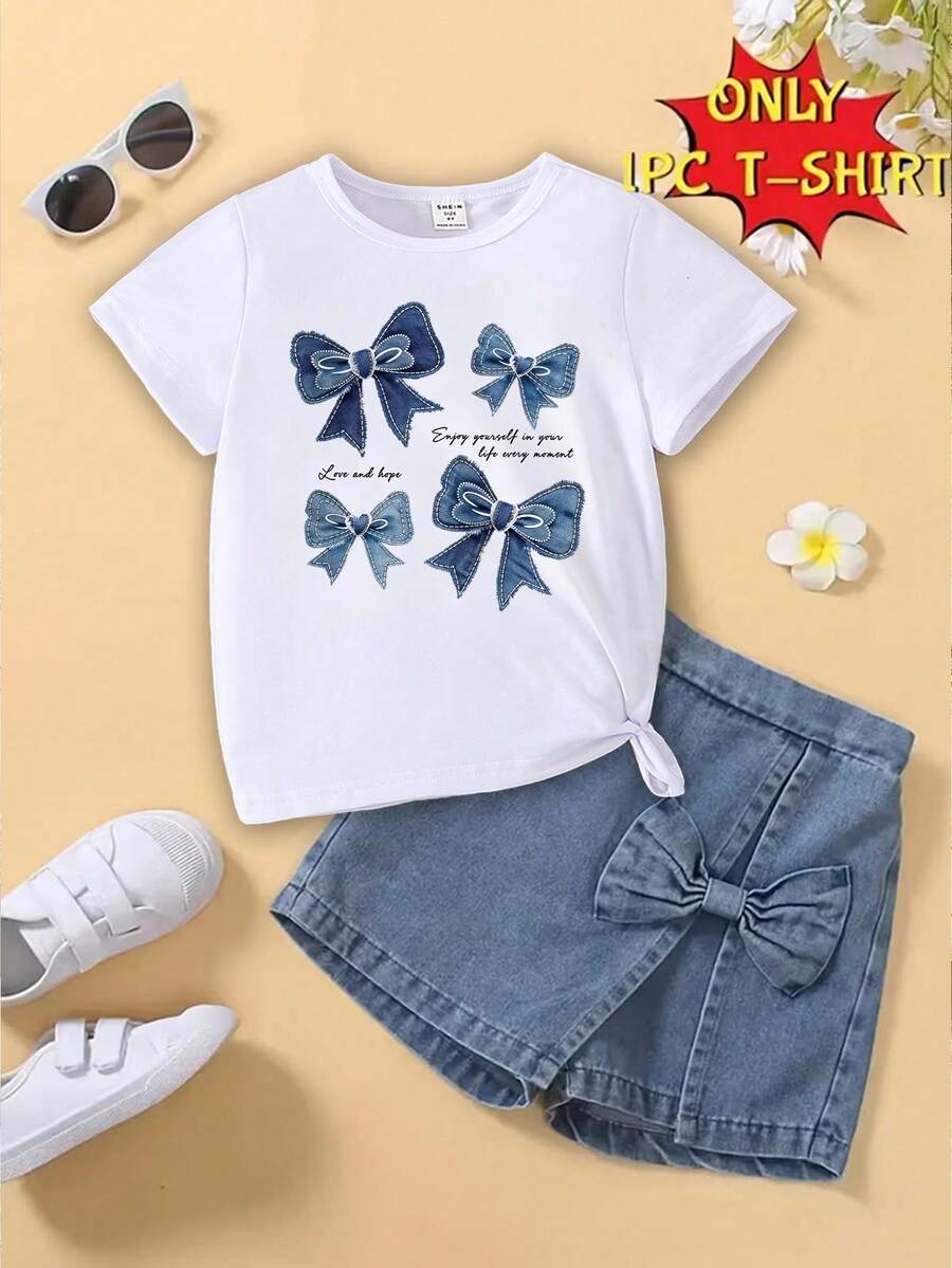 女童休闲蝴蝶结印花短袖T恤，舒适日常穿着，适合春、夏、秋季穿着。 - 白色 - 查看 1