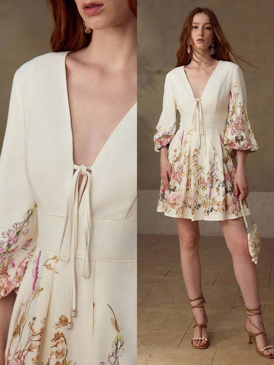 MOTF PREMIUM VESTIDO CASUAL DE MUJER DE MEZCLA DE LINO CON ESTAMPADO FLORAL, CUELLO EN V Y MANGA MEDIA