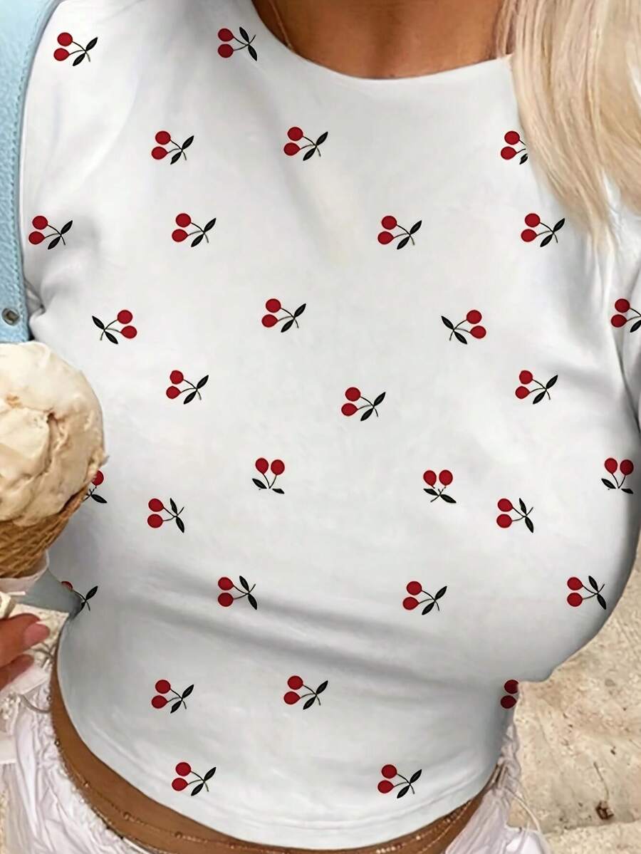Flirla Cherry Tee For Women, Cute Baby Tee, Fitted T-Shirts Women's Y2K With Print, All Over Holiday White Summer - White - View 1