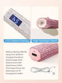 Teckwe 1件 USB 鑽石鑲嵌手持式充電 LED 美甲燈，附 LCD 螢幕，便攜式美甲烘乾燈，白色鑽石造型裝飾，適用凝膠指甲油，8顆高效 LED 燈珠，5倍放大鏡，快速高效美甲固化 - 彩色 - 查看 6