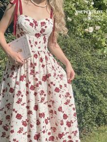 SHEIN MOD Petite 蝴蝶结春假长款夏季印花系带露肩吊带连衣裙 - 彩色 - 查看 1