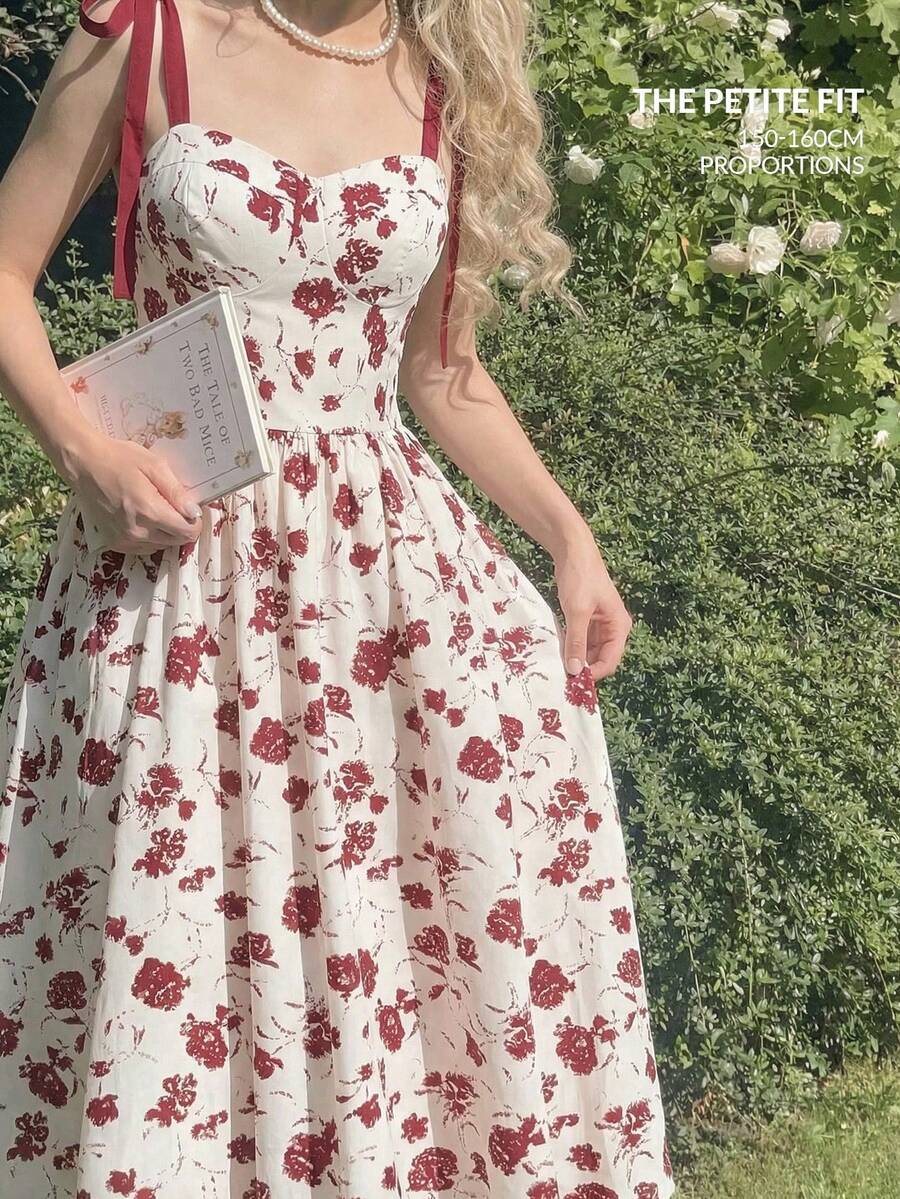 SHEIN MOD Petite 蝴蝶结春假长款夏季印花系带露肩吊带连衣裙 - 彩色 - 查看 1