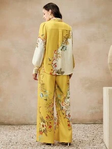 Anewsta New Arrival Spring Women's Romantic Floral Print Shirt And Pants 2-Piece Set - Yellow - View 7