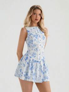 Glamine 杏色和蓝色碎花复古优雅无袖编织纽扣蕾丝下摆A字迷你公主裙，蓝色碎花印花，春夏四季皆宜的女士夏季连衣裙，茶会连衣裙，碎花夏季连衣裙，短款碎花连衣裙，女士春季连衣裙 - 淺藍色 - 查看 3