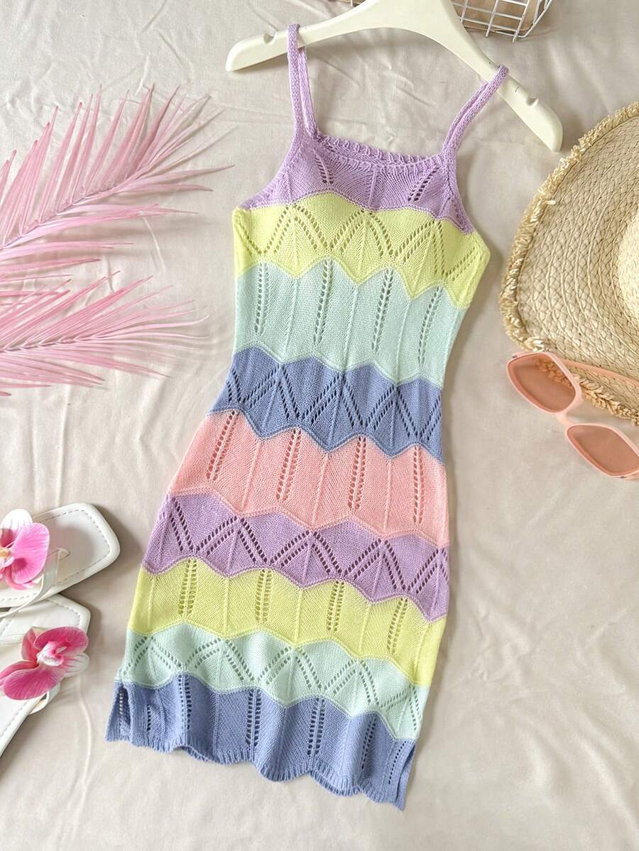 SHEIN 少女休闲舒适彩色条纹泳衣罩衫，适合日常穿着、度假、旅行、夏威夷、海滩等场合，保守泳装款式 - 彩色 - 查看 1
