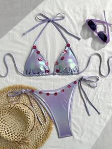 Swim SXY Iridescent Foil Mother-Of-Pearl Button Halter Sexy Swimsuit Set For Women - Purple - View 8