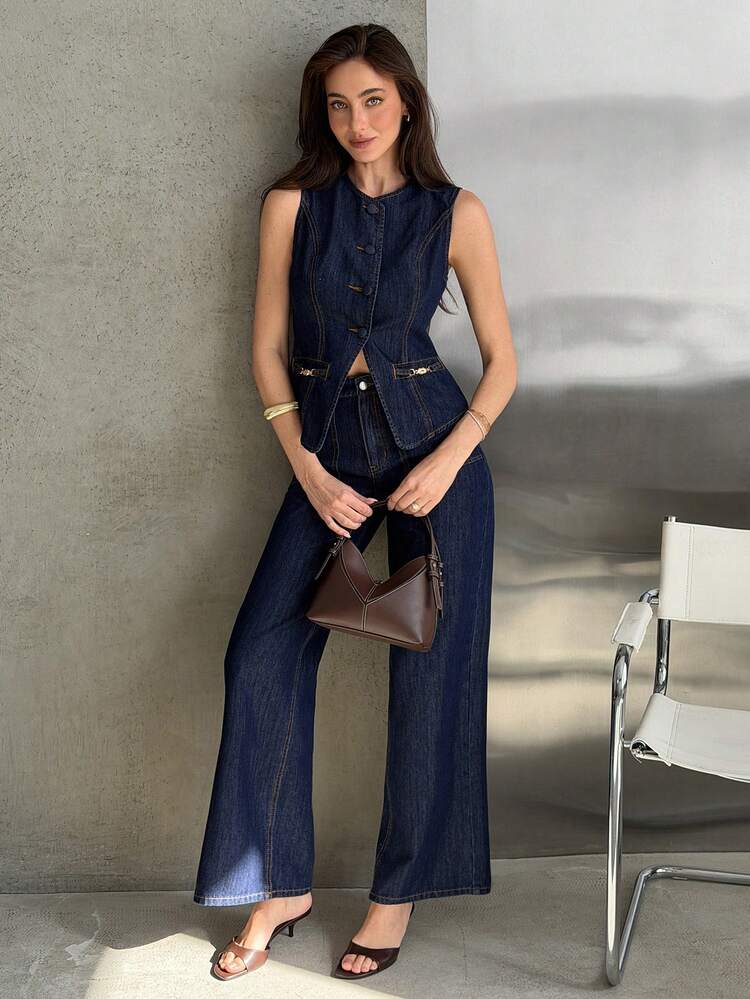 Western Cowgirl Patchwork Contrast Color Cinched Waist Sleeveless Vest & Wide Leg Pants Elegant Summer 2 Pieces Denim Set For Women