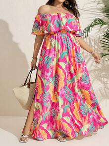 Comfylo Plus Size Women's Leopard Print Off-Shoulder Ruffle Waist A-Line Maxi Dress, Tropical Romantic Casual Western Maxi Dress - Multicolor - View 1