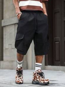 PAVTROS Men's Casual Solid Color Flap Pocket Drawstring Waist Cargo Shorts, Summer - Black - View 6