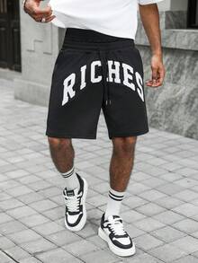 Manfinity Roghcode Manfinity Streetrush Men's Casual Loose Waistband Print Drawstring Summer Shorts - Black - View 1