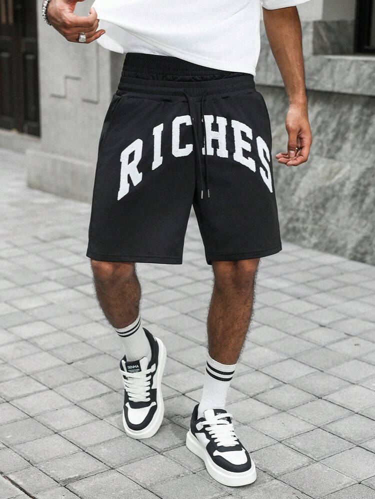 PAVTROS Manfinity Streetrush Men's Casual Loose Waistband Print Drawstring Summer Shorts - Black - View 1