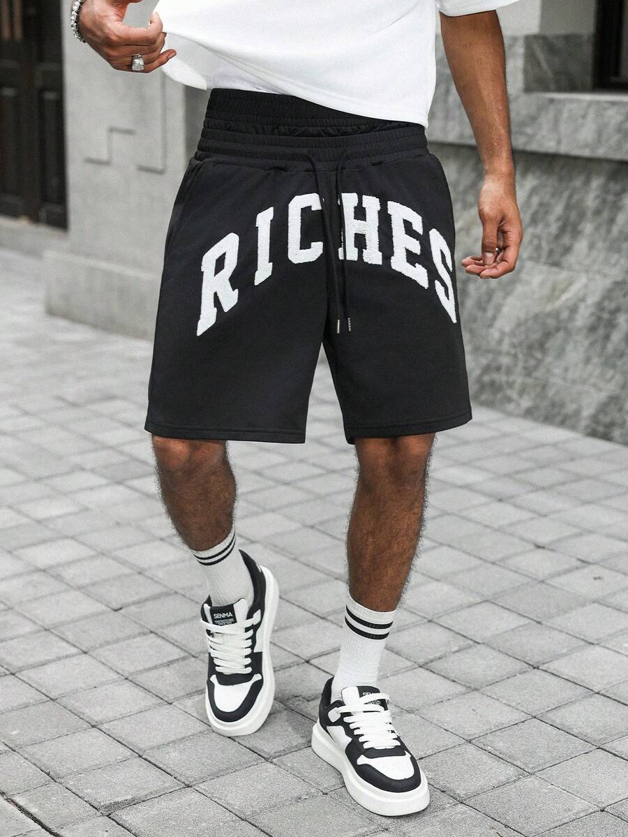 Manfinity Roghcode Manfinity Streetrush Men's Casual Loose Waistband Print Drawstring Summer Shorts - Black - View 1