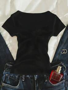 Glimmora Lace Trim Specialty 2-Way Zipper Front Short Sleeve T-Shirt For Women - Black - View 2