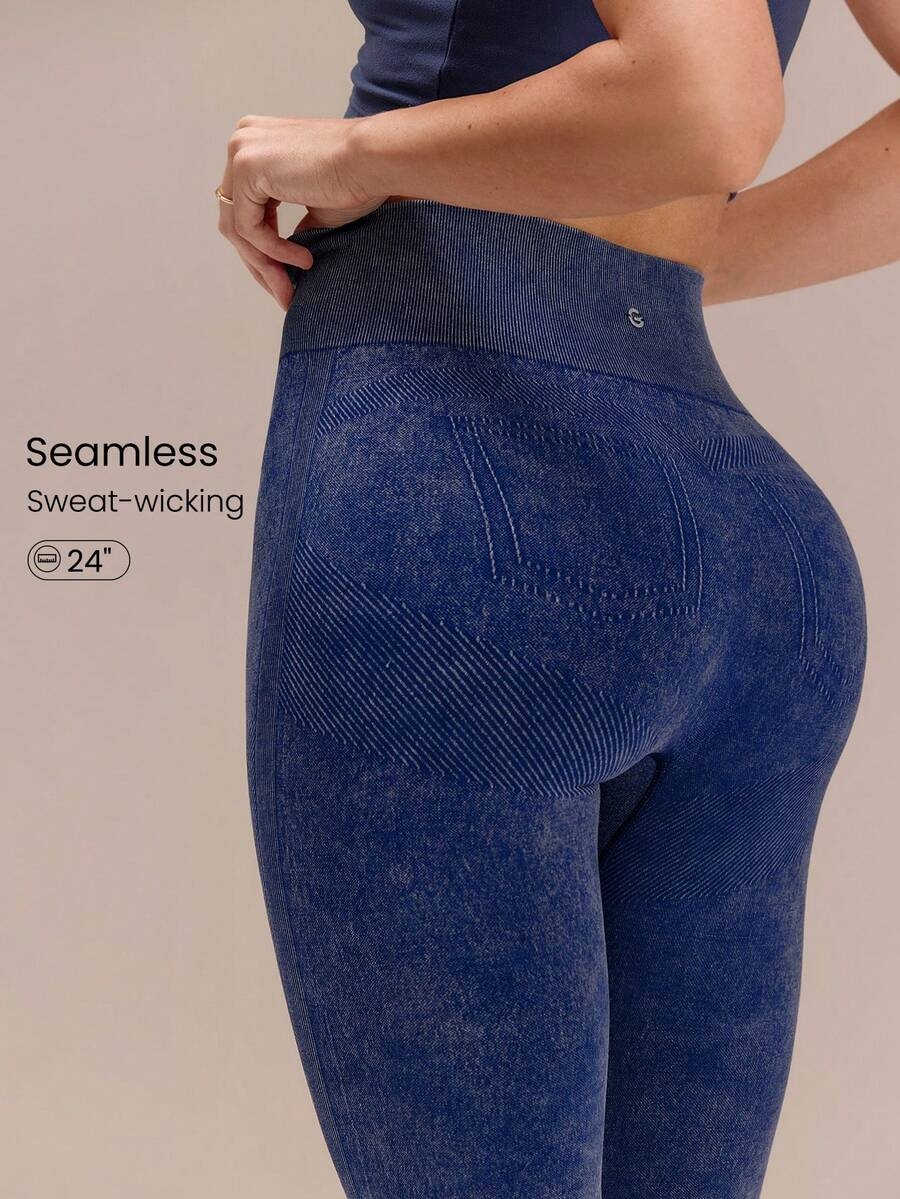 GLOWMODE 24" Ultrafine Soft Seamless Serve Energy High-Rise Waist Faux Denim Wash Finish Leggings Training Running Workout Gym Fitness Active Wear - Dark Blue - View 1