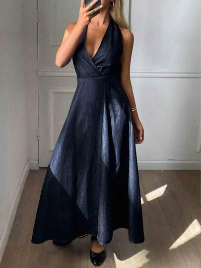 DAZY Women's Knotted Waist Side Slit Hem Halter Neck Denim Dress