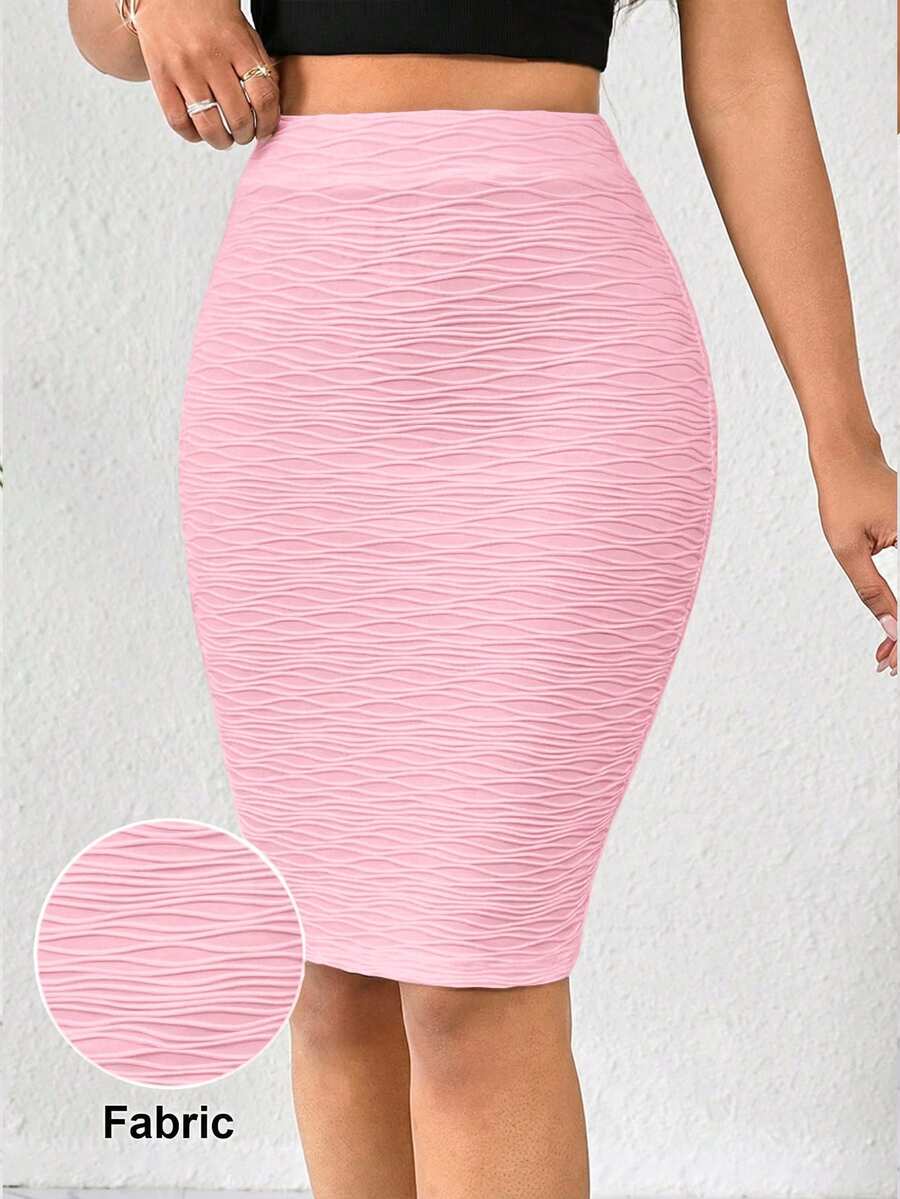 SHEIN Lady Women Pink Textured Bodycon Midi Skirt - Pink - View 1