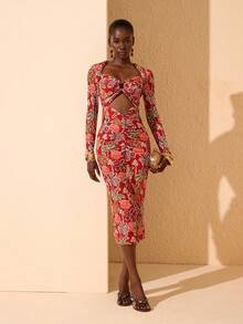 JIAN LASALA 长袖全印花网纱中长连衣裙，女士优雅修身款 - 彩色 - 查看 4