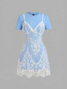 SHEIN MOD Vestido mini de 2 en 1 de encaje negro y blanco - Azul - Ver 3