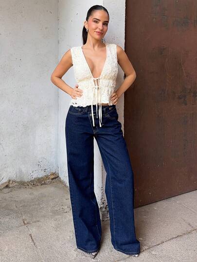 Marta Soriano 女士休闲水洗不对称腰部阔腿牛仔裤，商务休闲女装，工作裤，阔腿牛仔裤，外出，女士秋季服装，深蓝色阔腿牛仔裤，休闲裤，老款女装