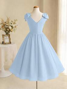 Teen Girl Baby Blue Summer Elegant Party Dress,Solid Color Shoulder Bow Decor Sleeveless V-Neck Pleated Ruffle Sleeve Flare Dress,Light Blue Dress - Baby Blue - View 2