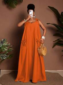 Maweii Vestido de línea A con tirantes finos para mujer de talla grande, conjunto casual para playa y vacaciones - Naranja - Ver 6