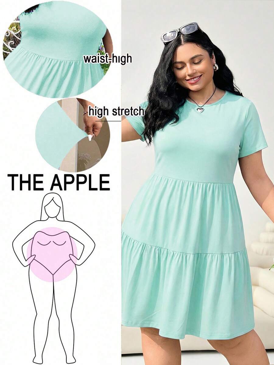 Solflare Plus Size Women Solid Color Round Neck Ruched Waist Elegant Party Dress - Mint Green - View 1