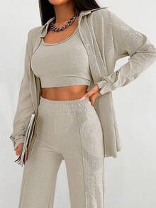 SHEIN Petite Size Women Casual 3pcs/Set Apricot Solid Color Drop Shoulder Long Sleeve Shirt, Crop Top And High Waist Pants Set For Spring/Summer - Apricot - View 6