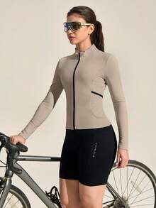 Exploreva Áo khoác đạp xe thời trang nhiều túi, khóa kéo, đa năng dành cho nữ - Màu Khaki - Xem 3