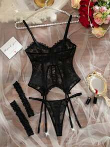 Crystal Vow 4件套女士经典性感浪漫蕾丝边吊带背心+内裤+吊袜带套装，适合婚礼季 - 黑色 - 查看 2