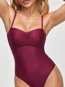 SHEIN DD+ Traje de baño de una pieza con volantes y parches para mujer, para vacaciones de verano en la playa. Traje de baño de mujer con cobertura completa y control de abdomen para natación - Burdeos - Ver 3