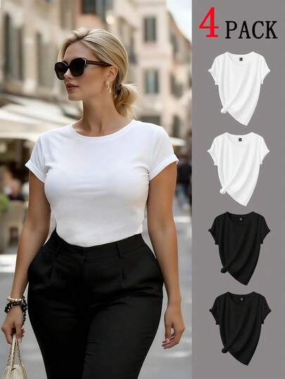 Easura Plus Size Solid Color Round Neck Short Sleeve Casual Top