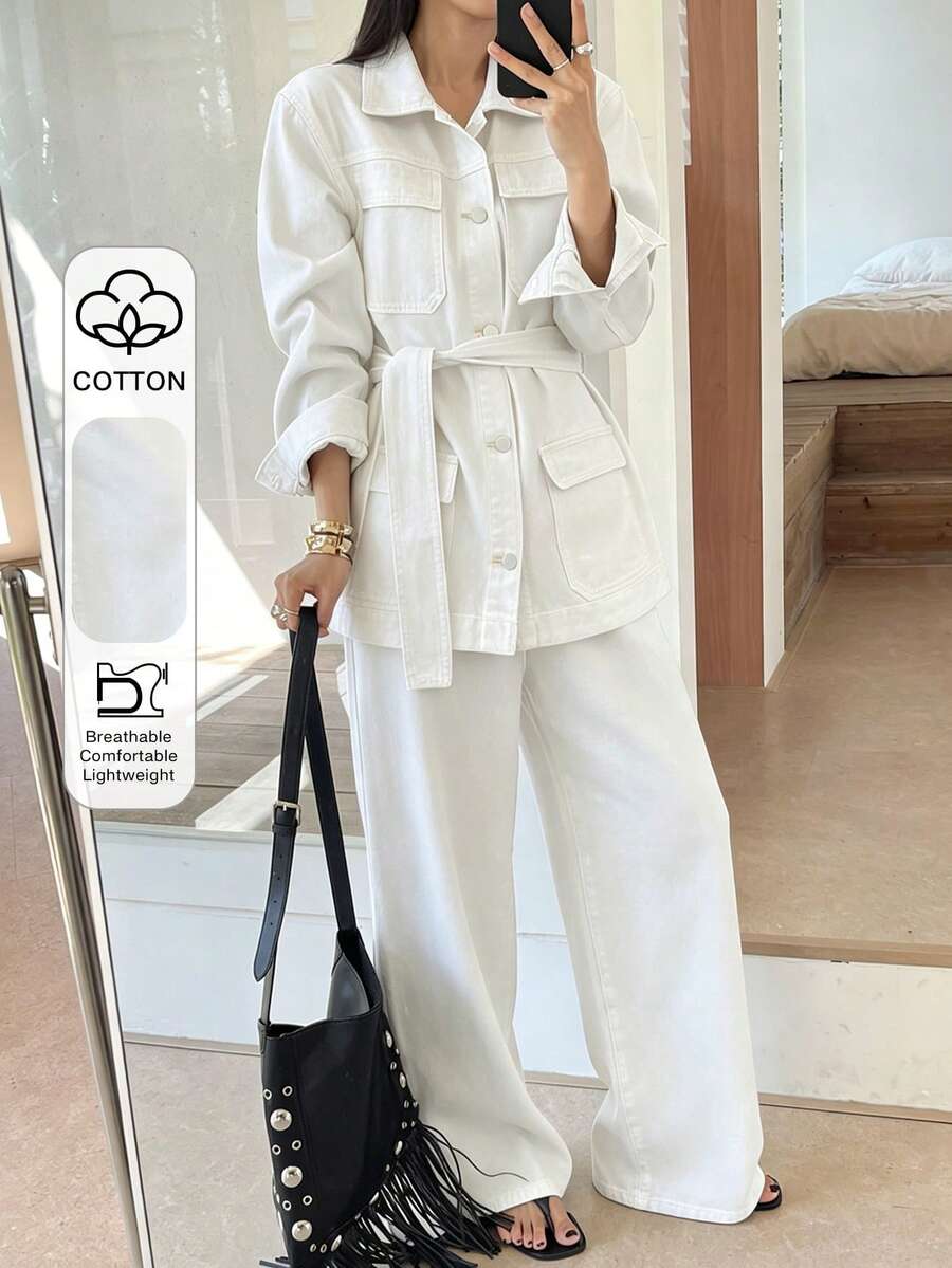 DAZY 女士长袖单排扣多口袋牛仔外套和阔腿牛仔裤休闲套装 - 白色 - 查看 1