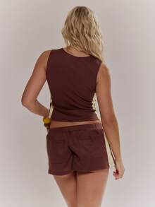 MUSERA 华夫格纹理撞色条纹修身背心，春夏可爱少女风，适合度假、海滩、日常休闲穿着。 - 彩色 - 查看 2