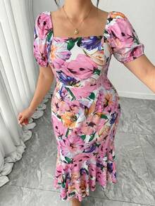Elenzga Vestido de mujer de cuello cuadrado nuevo con estampado, mangas abultadas, bajo con cola de pez y ribete de volantes, diseño elegante adecuado para uso casual diario y vacaciones - Rosa - Ver 7