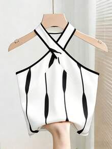 Franclia 女士几何印花交叉露背休闲上衣 - 黑與白 - 查看 6